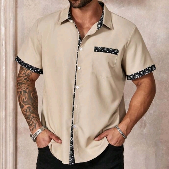 Other - NWOT Manfinity Button Down Loose S/S Shirt w/ Geometric Print, 1X, Khaki…